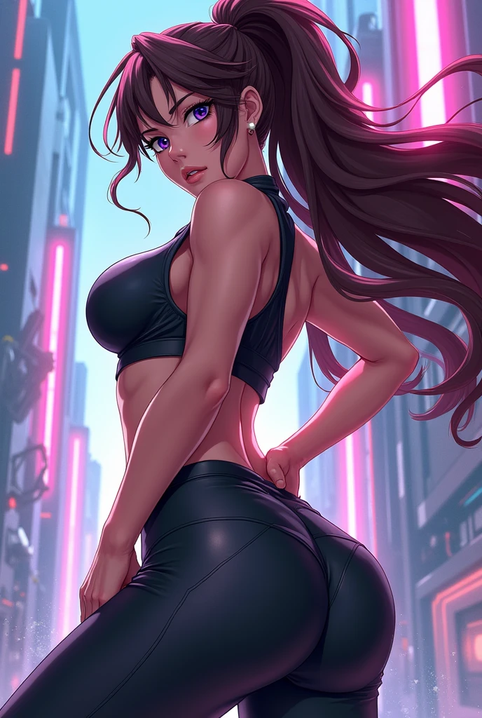 Brunette with perfect body, big boobs and big ass and long light brown hair, in hot leggins, backview, sharp background (8k) (photorealistic)