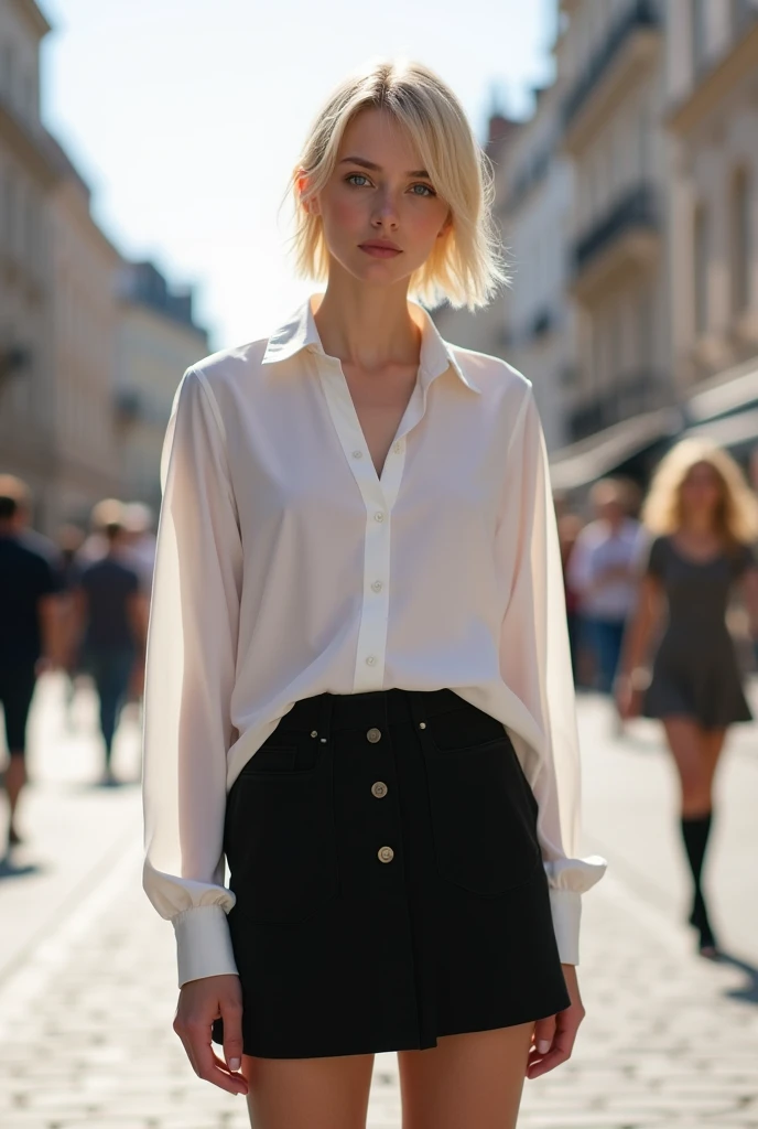 1girl, Solo, One woman of about 25 years old, medium blond hair,big blue eyes,wide nose,soft make up, Close-up portrait, H, Inviting look, shirt with long sleeves, black skirt, black pantyhose, standing outside, street photography, mature woman, body measurement 36-25-35, RAW Photography, 8k, , Masterpiece, Full Body Shooting, Top Quality, Fine Pore, Realistic, Photorealistic, Ultra Detailed