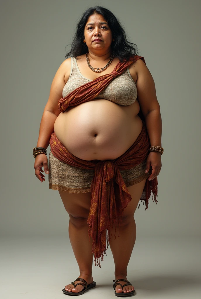 body of a woman with substantial shapes, poorly dressed