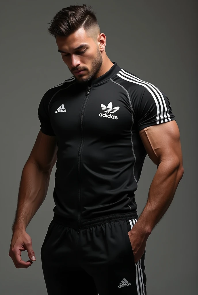 A handsome, muscular young man with big muscles, short black hair, an color navy blue Adidas t-shirt, color navy blue shorts