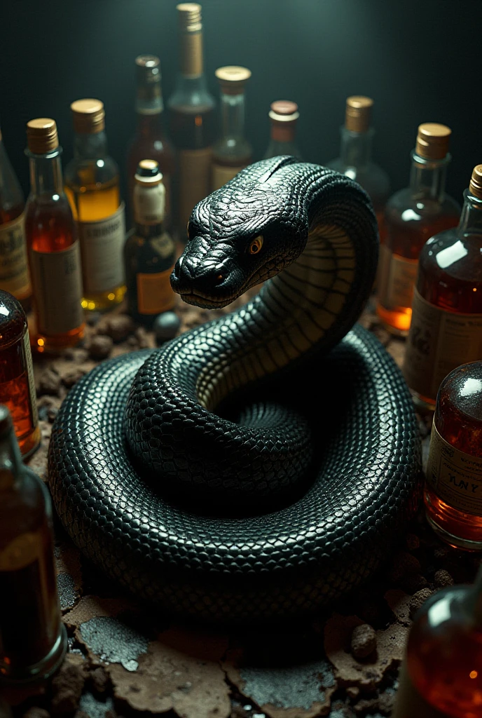 Visual representation of a small bottle with a poison symbol, placed next to a cobra for comparison of size and the danger of its venom.