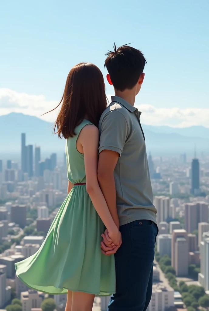 A refreshing young man and woman couple are standing holding hands, backwards, clean clothes, men wear shirts and jeans、women wear neat dresses, Background of a hill overlooking a beautiful Japanese city, beautiful sunset