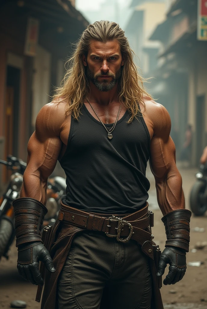 Actor "Chris Hemsworth", Con cabello largo y barba, Cuerpo de T/"Thor"movie photo, mostrando solo el rostro, Estilo de Greg Rutkowski, Maximum quality and maximum details.