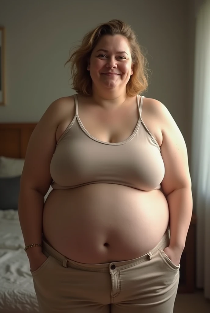 a close up of a person with a very large belly, photo from the front, full growth from the front, centered full body front-shot, photo taken from front, taken in the early 2020s, showing her shoulder from front, seen from the front, photo still of frontal view, half body cropping