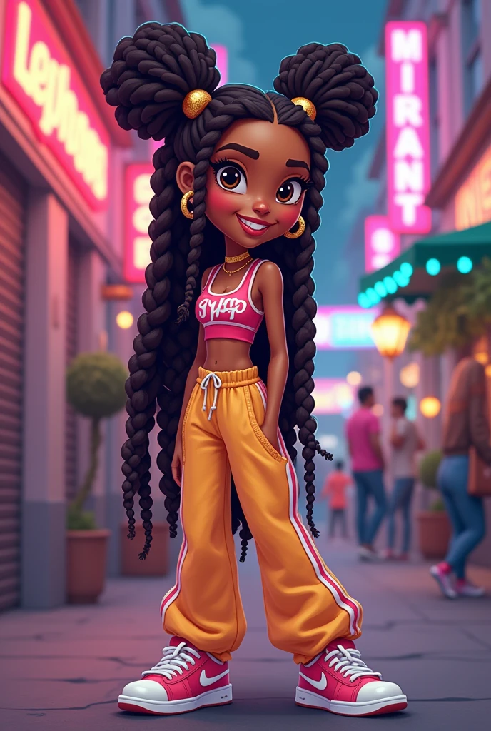 (obra-prima), (melhor qualidade), (ultra-detalhado), (corpo inteiro: 1.2) negra morena adolescente, moletom, capuz, touca, sorriso claro, corpo inteiro, :3, cabelo colorido e preso, modern accessories, fundo tom pastel , colorido e simples.
