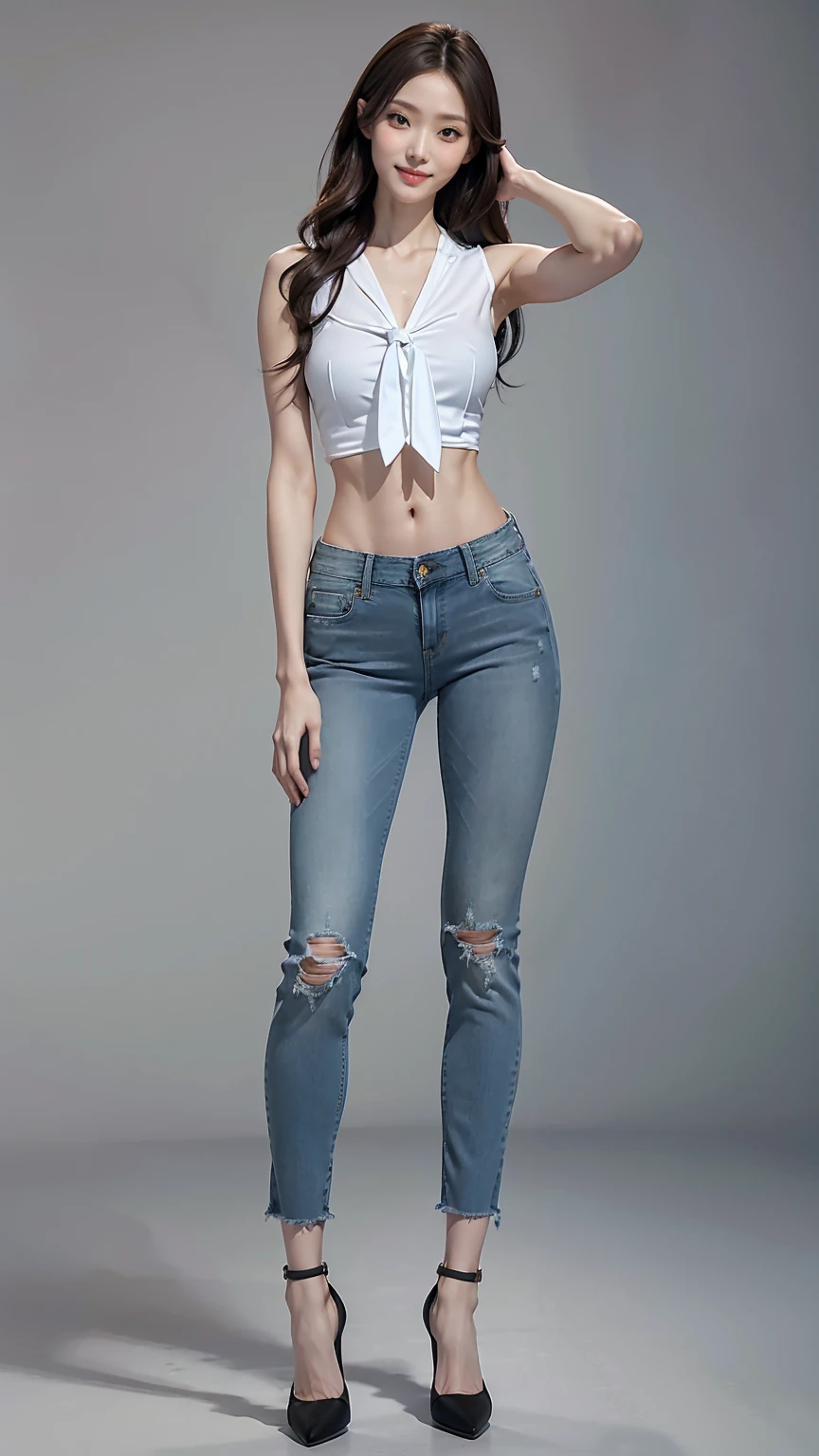 (RAW shooting, Photoreal:1.5, 8k, highest quality, masterpiece, ultra high resolution), perfect dynamic composition:1.2, Highly detailed skin and facial textures:1.2,beautiful and aesthetic:1.2, sexy beauty, perfect style, belief, Strong-willed, revenge, Fair skin, very beautiful face, (large breast:1.8, Chest gap:1.8), (beautiful eyes)(1girl, tall, long legs, navel:1.2, makeup:1.2, single braid, thicc tight:1.4, red color tank top,sleeveless,belt:2,red color jeans:2,plunging neckline:2),(simple background:1),(knees together),(full body photo:2),