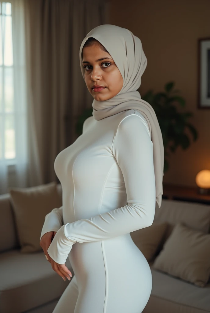 RAW, Best quality, high resolution, Masterpiece: 1.3, Indonesian woman wearing Muslim hijab, (30 years), big breasts, plump, wearing pearl white gamis, tight white trousers, heels, Masterpiece, Soft smile, sit on chair villa