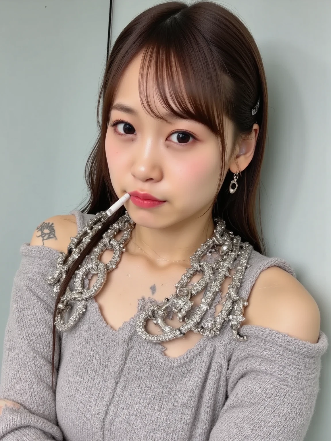 Highest quality, Ultra-high resolution, (Realistic:1.4), One girl, off-the-shoulder white shirt, Black tight skirt, Black choker, (Faded grey hair:1), (Huge breasts:1.2), View your viewers, close ,