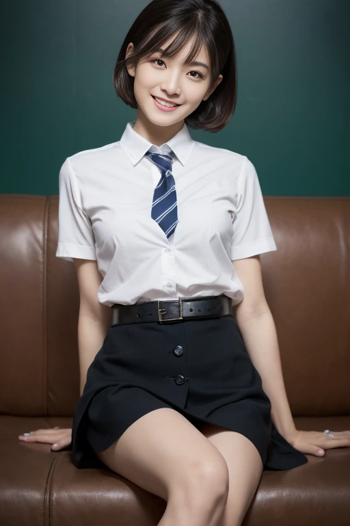 girl with knees up and sitting on floor in school classroom,long-sleeved white sailor shirt with plaid bow tie,pleated skirt,white ,18-year-old,bangs,a little smile,short cut hair,low ponytails,from below,front-lighting