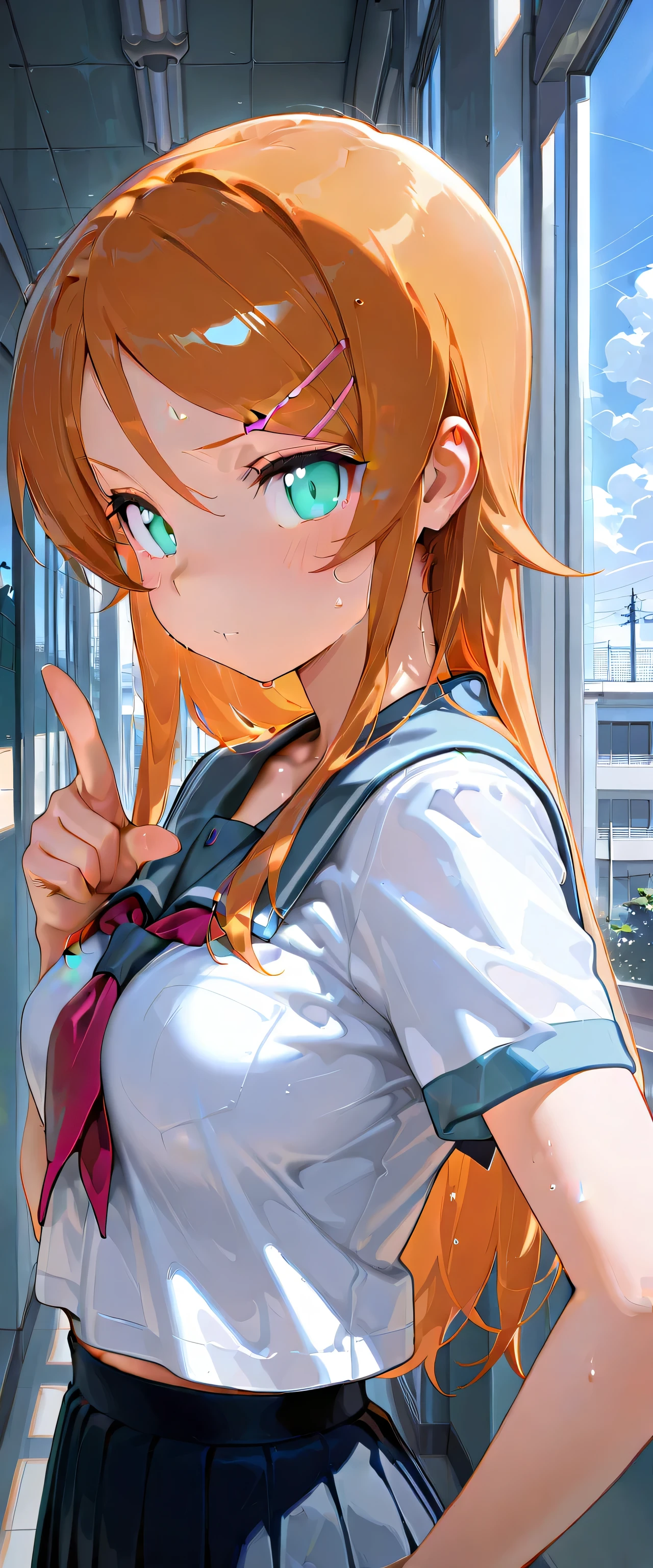 masterpiece , top quality, score_9, score_8_ up, score_7_ up, breast , boobs、( 1 girl ,, kousaka kirino, Height 1.65 meter , Slim 45kg , boobs、 hair accessory with a star on the right eye , Alone, long hair, upper body, medium blast :1.4, hair clip , orange hair,School, sailor suit , aqua eyes, blue eyes, watching viewers break 、 zitoida , Pointing at Viewers