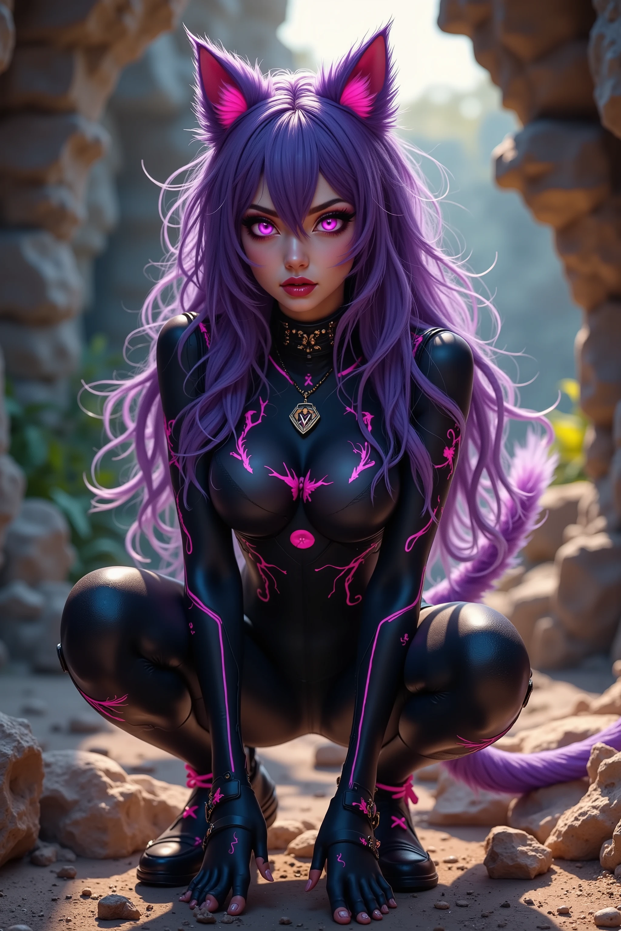 quality and style :
(8k, HD, masterpiece: 1.3), ( ultra-detailed , realistic cosplay aesthetics, bright colors , soft textures , playful style , ishly naive wild charisma, Dramatic Light).
character design:
realistik photo of a Junge Frau looking like Delta from the anime Serie 'eminence in shadow', with long, unbridled , dark purple hair, bushy animal ears and a fluffy , twitching tail , Who moves restlessly back and forth .
size, bright purple eyes , that literally sparkles with curiosity and ish restlessness , with a slightly wry smile and a whiff of Exuberance .
Outfit:
A narrow, futuristic suit in black with neon pink , pulsating patterns, which flow across the fabric like veins of energy , to match their tireless energy .
small, playful details such as neon buckles or tiny pendants , that clink with every movement .
scene and background:
A mystical , crumbling cave or ruins , crossed by shimmering , golden sunlight , that accentuates her ish energy like a glowing aura .
The backdrop appears mysterious and friendly at the same time , with soft rays of light , that highlights the innocence and restlessness of the character .
Mood and pose:
She squats on a ledge , the tail beats excitedly back and forth , while she prevents herself with excessive enthusiasm , as if they couldn't stay still for a second .
Her facial expression is a mix of exuberant curiosity and playful cockiness, what a restless , emits like naive energy .