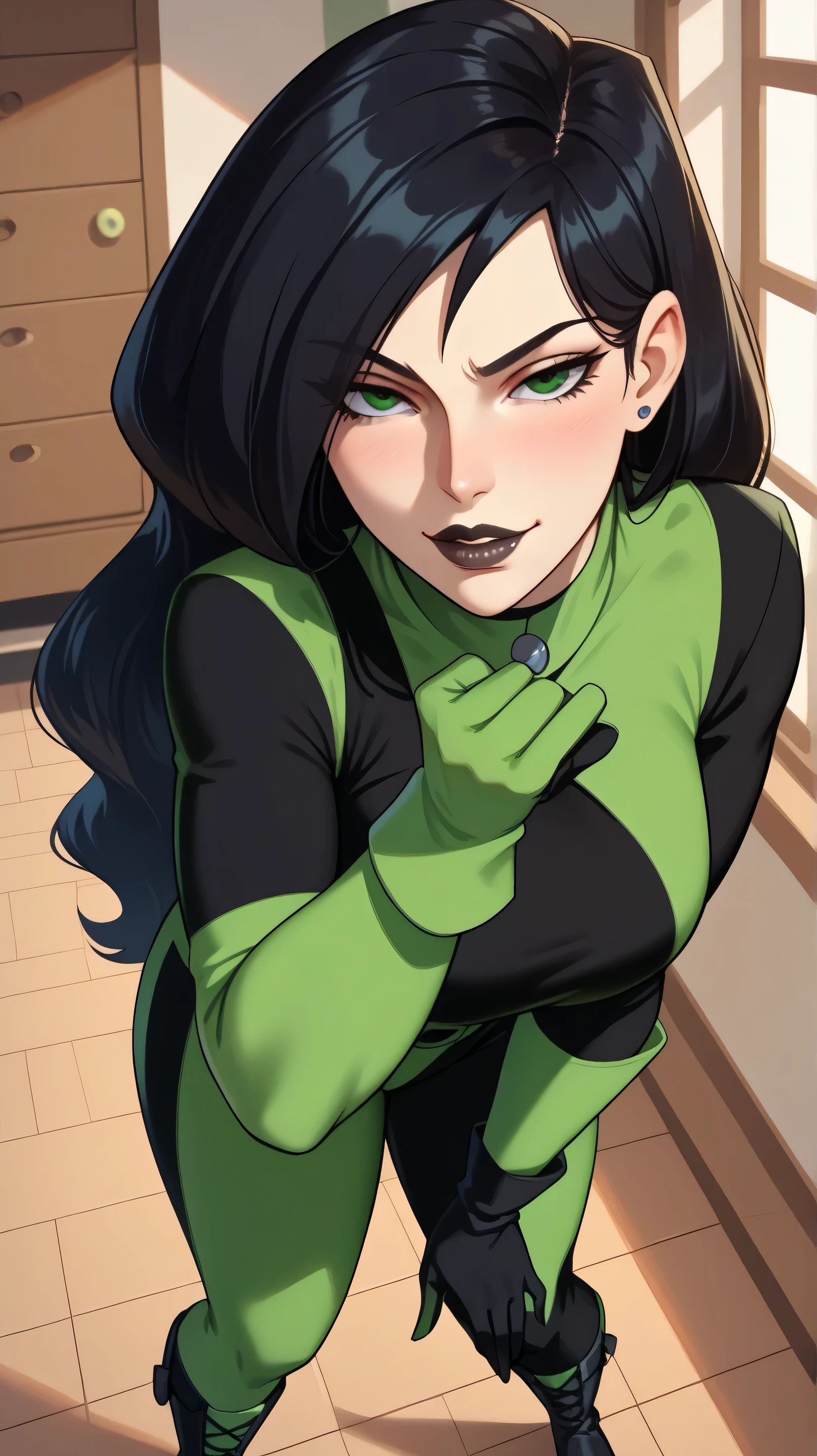 Score_9, Score_8_up, Score_7_up, Score_6_up, Score_5_up, Score_4_up, Source_anime, Tag1, Tag2, Quality_masterpiece, Anatomically correct, Beautiful face, Perfect face, Highly detailed beautiful face and eyes, Attractive face, Detailed face, Delicate facial features, Detailed skin, Wide hips, Huge butt, big butt, Thick thighs, Mature female, long hair, Bedroom eyes, Perspired BREAK Rating_safe, High-angle view, motherly face, bedroom, detailed eyes, seductive face, standing, hands on hips, leaning forward, naughty face, seductive look, shego, 1girl, solo, long hair, black lips, black hair, green eyes, green bodysuit, green gloves,boots