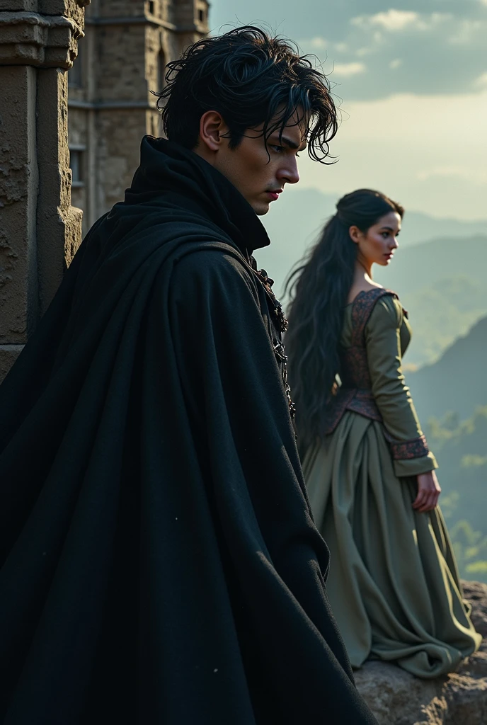 prince. He has a lost look, a sorrow hovers in his soul. She wears a black silk robe that falls over her chest. inside a desolate palace. His hair is black and his eyes look with rage and desire. aligned eyebrows, straight jaw,