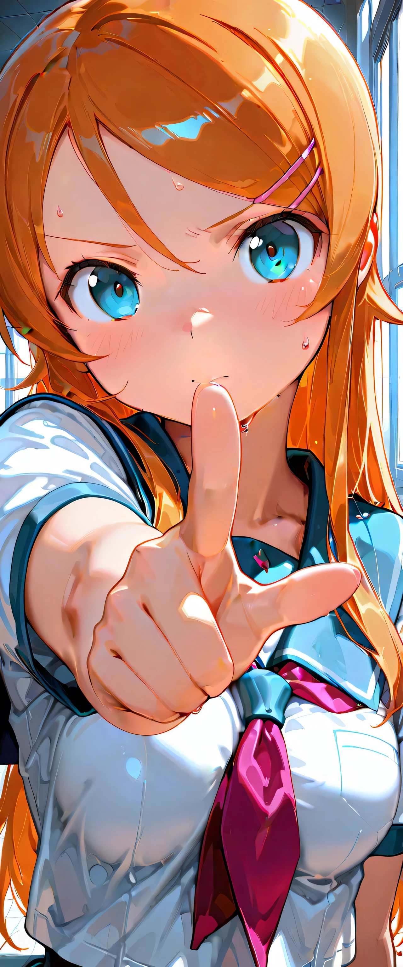 masterpiece , top quality, score_9, score_8_ up, score_7_ up, breast , boobs、( 1 girl ,, kousaka kirino, Height 1.65 meter , Slim 45kg , boobs、 hair accessory with a star on the right eye , Alone, long hair, upper body, medium blast :1.4, Hair Clips , orange hair,School, sailor suit , aqua eyes, blue eyes, watching viewers break 、 zitoida , Pointing at Viewers