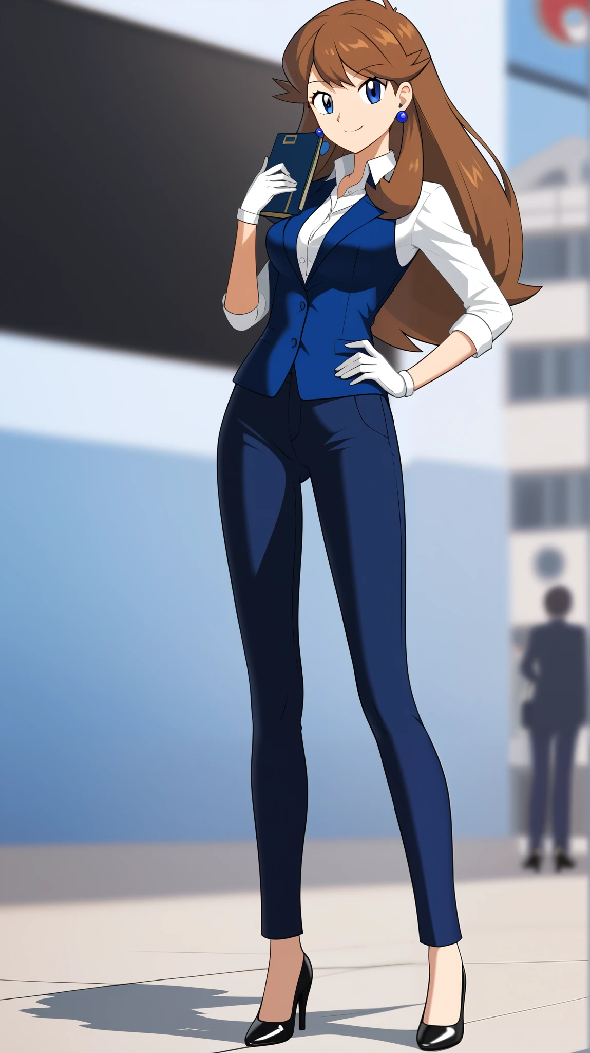 (( best quality )), ((masterpiece)), (( Details)),  1girl ,Two legs, two arms,  orange brown hair color,  long hair,  blue eyes,  career woman,  business suit, 
 black jeans suit,  Black High Heels ,  blue earrings,  sexy smile,  seductive smile,  Audience , Place one hand on hip,  standing,  Tall,  Anime Coloring Book, 1 Female, Age 18, Three idiot hairs ,  with bangs, whole body,  slim figure, Ample breasts, City, (\ Pokémon\),  score_9,  score_8_Excellent,  score_7_Excellent,  score_6_Excellent,  source_Anime,  cell shading,  flat collar , vector,