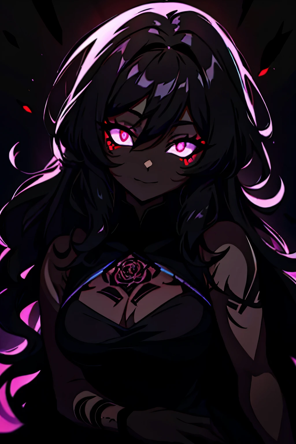 black skin, anime woman, happy, glowing black eyes, glowing black tattoos, glowing black curly hair, wearing a black dress, black roses in hair