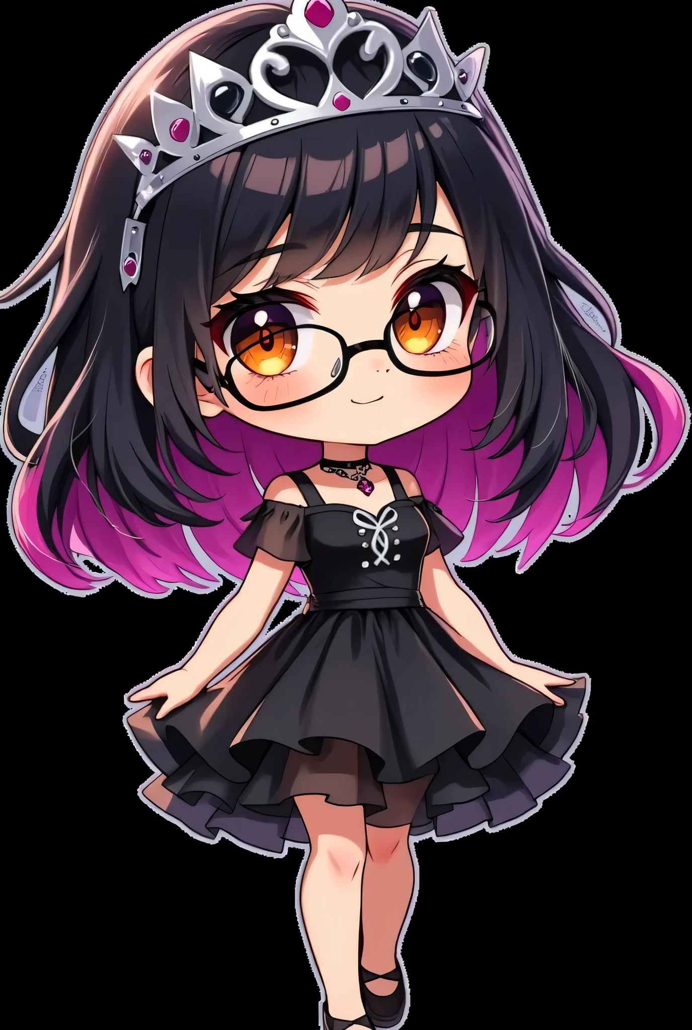 A cute girl wearing a black dress. She has shoulder length black hair layered with magenta streaks. She has brown eyes, glasses and tan skin. She is wearing a silver crown with black jewels on her head.