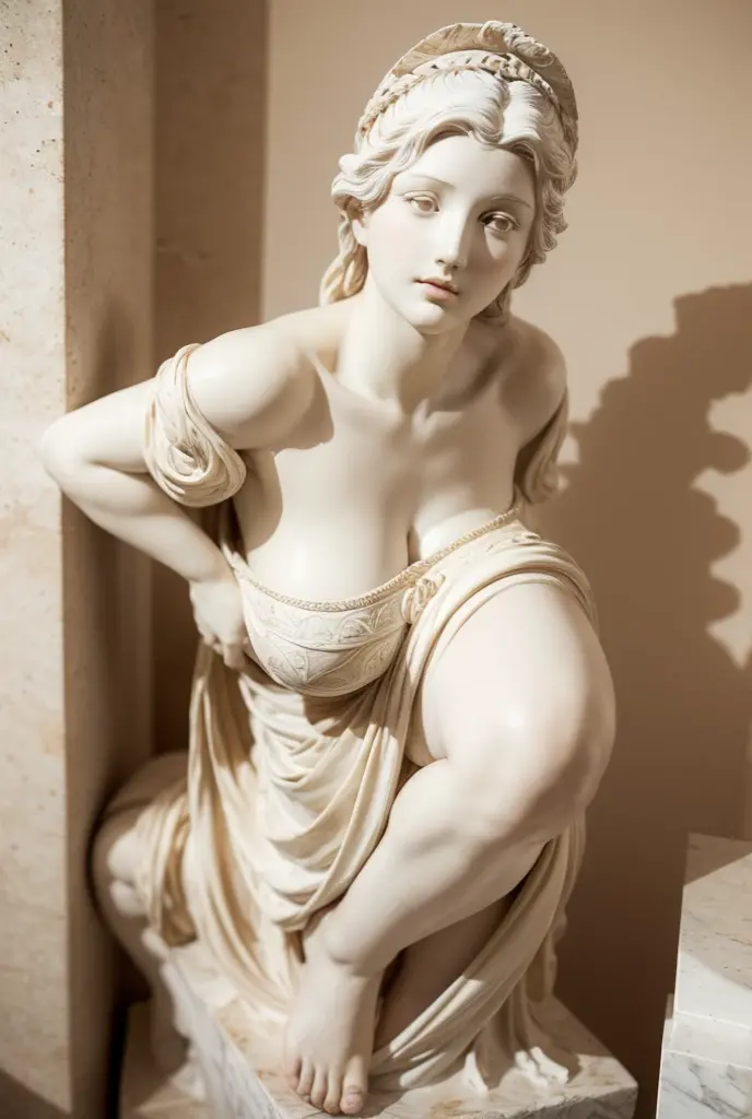 Marble statue of a 28 year old girl,, with one knee on the ground, the woman holds a  with one hand, (realisitic, high qualiy, rich in detail, fully body (no nudity 12x), hair covers the breasts