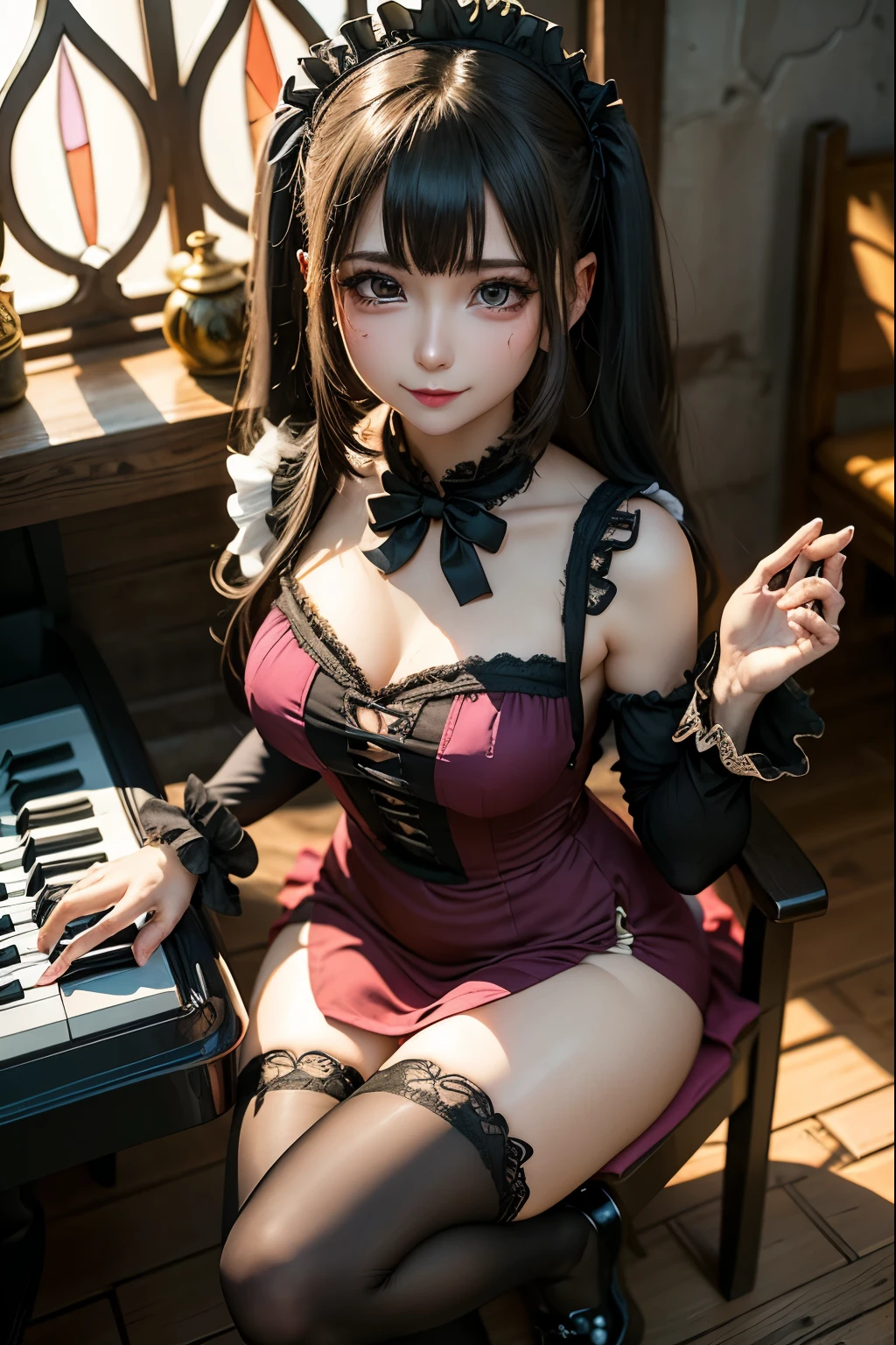 ハードdark gothicメイク、Insanity、deep night sky、horror、black dark eyeshadow、cry、grieve、Good skin glow、dark gothicメイク、dark smile、restless palace、expression of sexual excitement、fragrant beauty、22 years ago、Lie、lure、Expression of intense sexual pleasure、embarrassed look、dark gothic、Gothic Lolita、bell sleeve、wizard sleeve、lewd expression、Stained glassが背景、pieces fly、highest quality、Browse 5 books、Sweat shines on my chest、Expression of sexual pleasure in the midst of suffering、drunk face、Maid outfit mysterious、Noble、A face that is holding back the toilet、Flirty Gothic Clothing、My body is wet and shiny、super sexy、Lots of glitter on the thighs、I'm sweating a lot、loving smile、twin tail hair、my thighs are so wet、jet black ruffle skirt、with shadow、right blue eye, left eye is red、Sit on a gothic bed covered in roses、Super bewitching pose、Gravure photography、knee high socks、thigh high socks、Excessive sweat and stickiness on thighs、Plenty of plumpness, shiny thighs、Sweat glistening on my thighs, my whole body glistening with sweat、glamorous、platform heel shoes、pretty sweaty、My thighs are sweaty、dark makeup、Breast size is modest、black lipstick、重厚感のあるdark gothicロングドレス、bright pink hair、long hair straight hair、Stained glass、black metal world、open your legs loosely、her thighs are a little glamorous、Playing the black guitar、Guitar Girl、play the guitar、guitar playing、gothic guitar、have a guitar、have a guitar、I love the guitar、Composition、