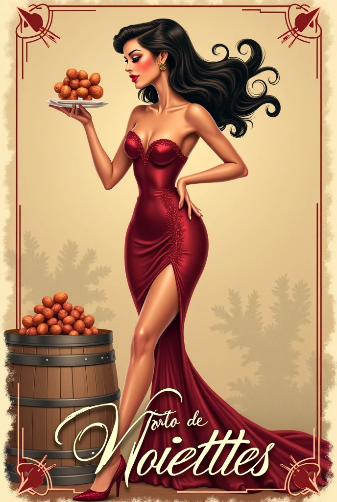 An anthropomorphic brown female chipmunk with black hair to the ground in a crimson floor-length tunic with a brown belt and no sleeves. She carries on her head a golden plate with glasses of red and white wine., with grapes, bananas, coconuts and peaches. The background is dark brown.