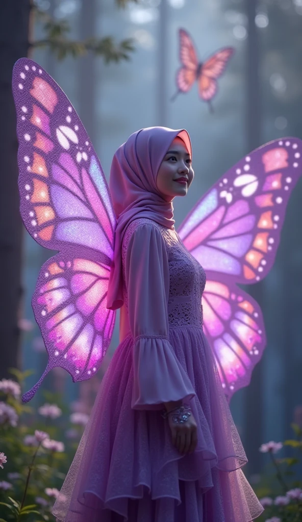 a Sundanese girl sitting on a large rock, smiling charmingly, wearing a radiant white dress, wearing a hijab, beautiful wings (very intricate detail), looking up at the sky (like seeing something), a tiara on her head, several fireflies flying around her (blurry effect on fireflies). Very beautiful forest background, Photo realistic, photography, realistic, super ultra HD 8k, looks real, looks clear, focuses on the face.