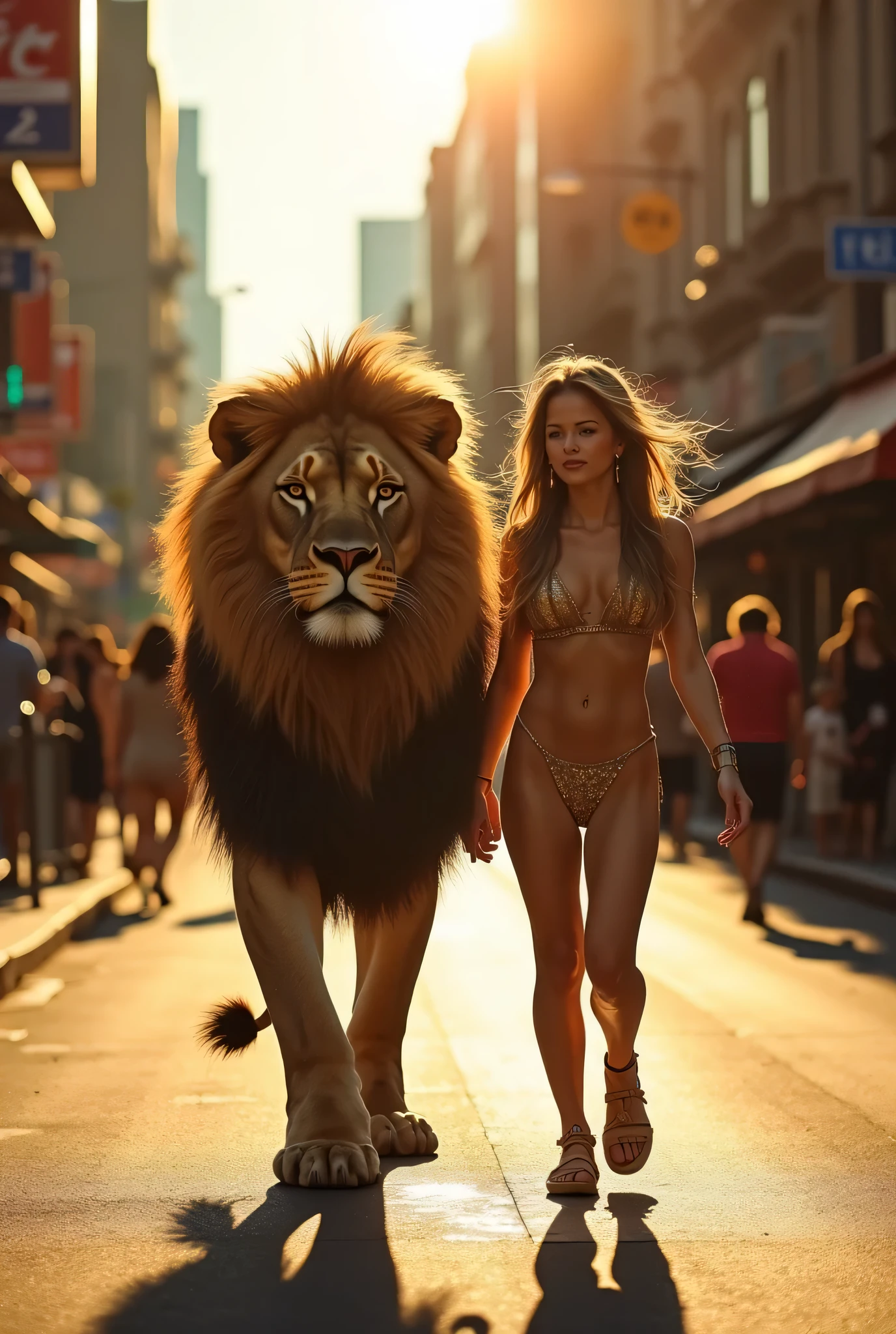 (High quality , ultra detailed) brunette women in sexy bikini a lion on a leash in a city at night