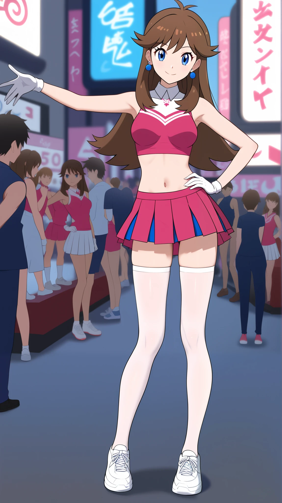 (( best quality )), ((masterpiece)), (( Details)), 1girl ,Two legs, two arms, orange brown hair color, long hair, blue eyes, Cheerleader Costume, pink sleeveless shirt without gloves, pink pleated mini skirt , white knee-high stockings reflective on glass floors, absolute domain, thighs, white lace up shoes , blue earrings, sexy smile, seductive smile, Audience , Place one hand on hip, standing, Tall, Anime Coloring Book, 1 Female, Age 18, Three idiot hairs , with bangs, whole body, slim figure, Ample breasts, City, (\ Pokémon\), score_9, score_8_Excellent, score_7_Excellent, score_6_Excellent, source_Anime, cell shading, flat collar , vector,