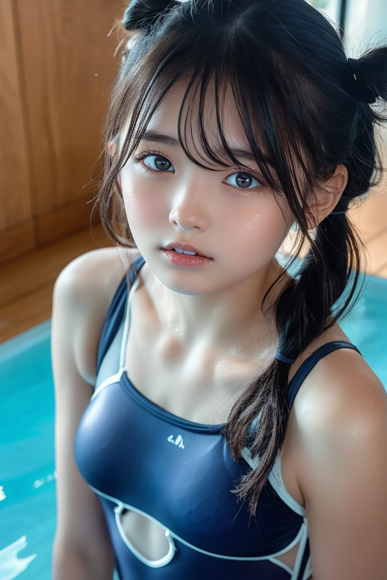 Highest quality, Face Focus, Soft Light, (Written boundary depth) ,Ultra-high resolution, (Realistic:1.4), RAW Photos, (one girl, (a beauty girl, delicate girl:1.3), (15 years old:1.3),((Wet school swimsuit)) (Navy School Swimsuit:1.3),((Cute pose)) ,Very detailedな明瞭さ, (Symmetrical eyes:1.3), (School swimming pool, indoor:1.3), ((Nipples get erect))、(Big Breasts)) Brown eyes, ((Cute Hairstyles)), Brown Hair, girl,, (Eye and facial details:1.0),, (masterpiece, Highest quality, Very detailed, Detailed face, 8K)