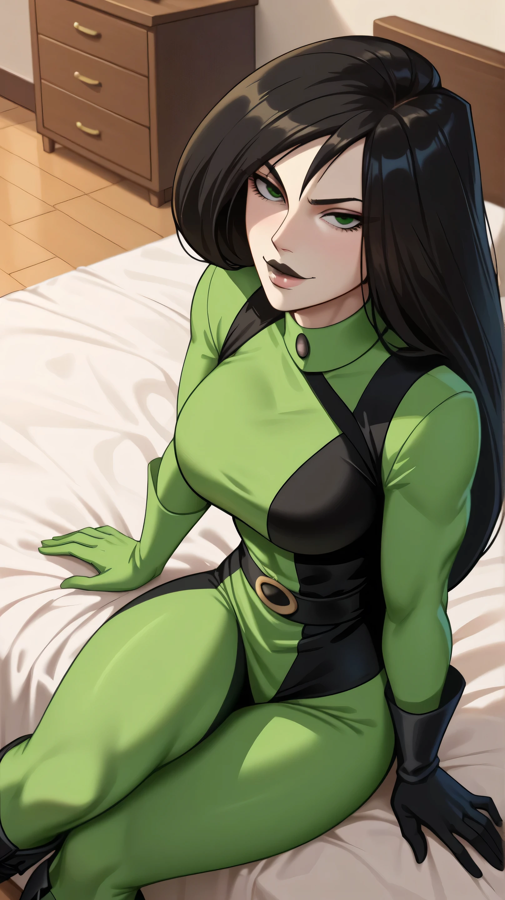 Score_9, Score_8_up, Score_7_up, Score_6_up, Score_5_up, Score_4_up, Source_anime, Tag1, Tag2, Quality_masterpiece, Anatomically correct, Beautiful face, Perfect face, Highly detailed beautiful face and eyes, Attractive face, Detailed face, Delicate facial features, Detailed skin, Wide hips, Huge butt, big butt, Thick thighs, Mature female, long hair, Bedroom eyes, Perspired BREAK Rating_safe, High-angle view, motherly face, bedroom, detailed eyes, seductive face, sitting on bed, milf look, sensual female, sensual look, beautiful woman, elegant female, milf, sexy body, toned body, bedroom, solo female, naughty face shego, 1girl, solo, long hair, black lips, black hair, green eyes, green bodysuit, green gloves, boots, pale skin, m legs, on bed, sexy