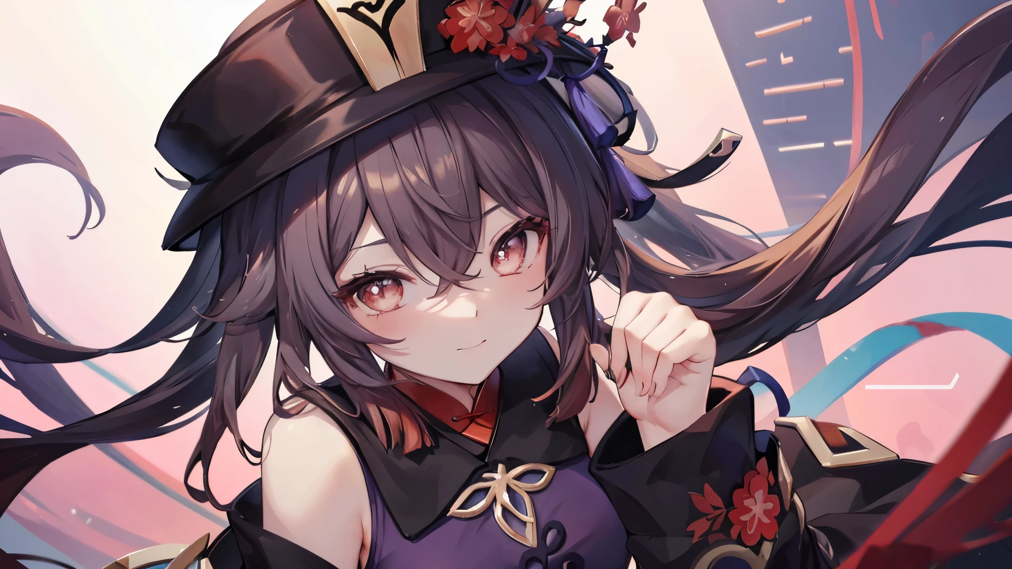 4K HD wallpaper, anime girl genshin impacr hu tao and painted and detailed background, detailed hair and clothing details the smile face, beautiful character. Create a character with brown hair lying down, two pigtails with a hat, perfect anatomy, improve shading