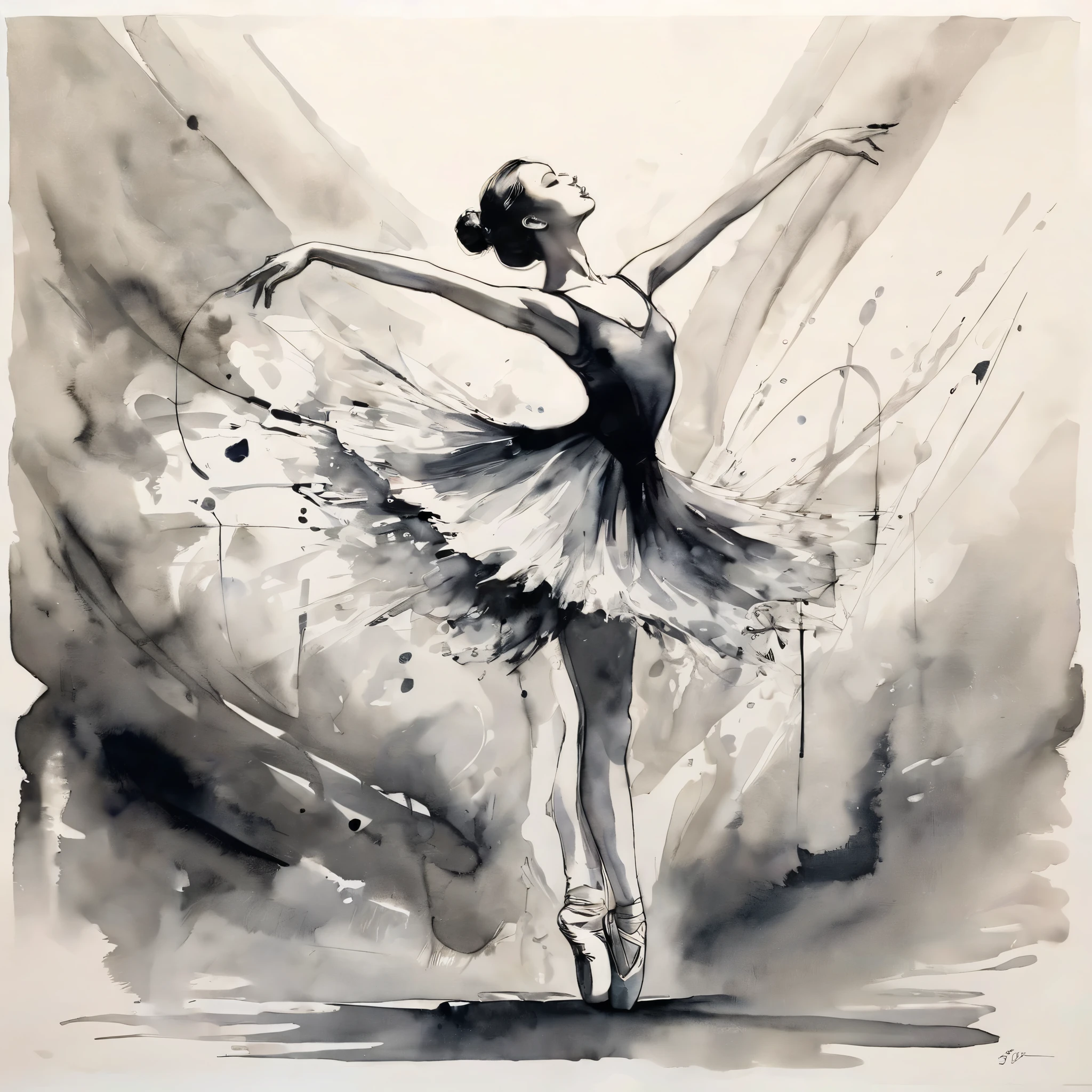 (Ballet, girl ,ink, fluid lines,Expressive,In stark contrast to, gestures ,feeling,simple background,Light and Dark,Wide々And,black ink,ink wash)