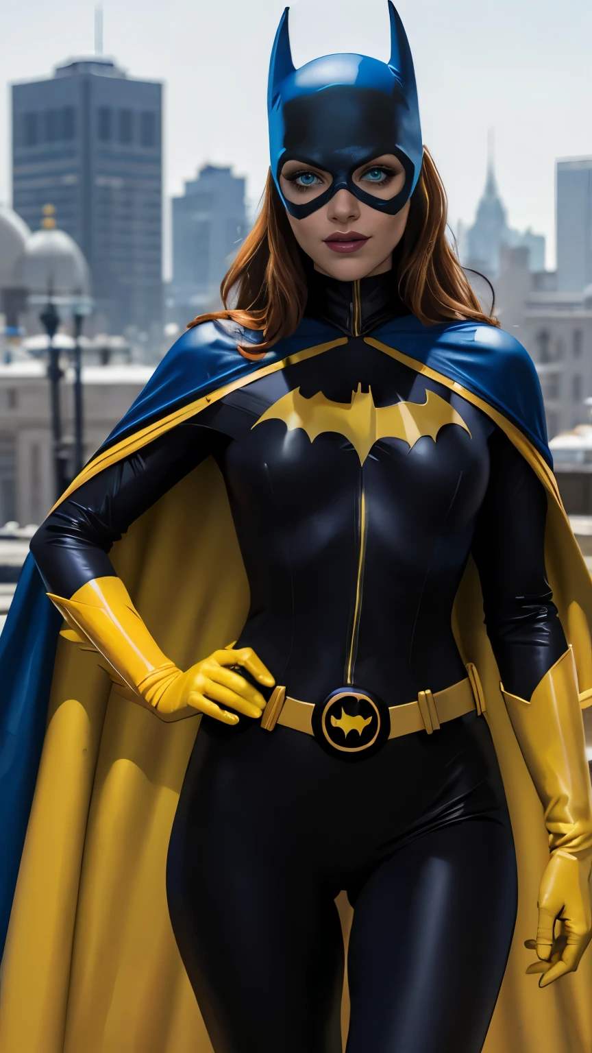 BarbaraG, 1girl, solo, long blue cape, blue mask, yellow belt, yellow gloves, blue eyes, superhero, long hair, bodysuit, lipstick, batgirl, park, city, smile,