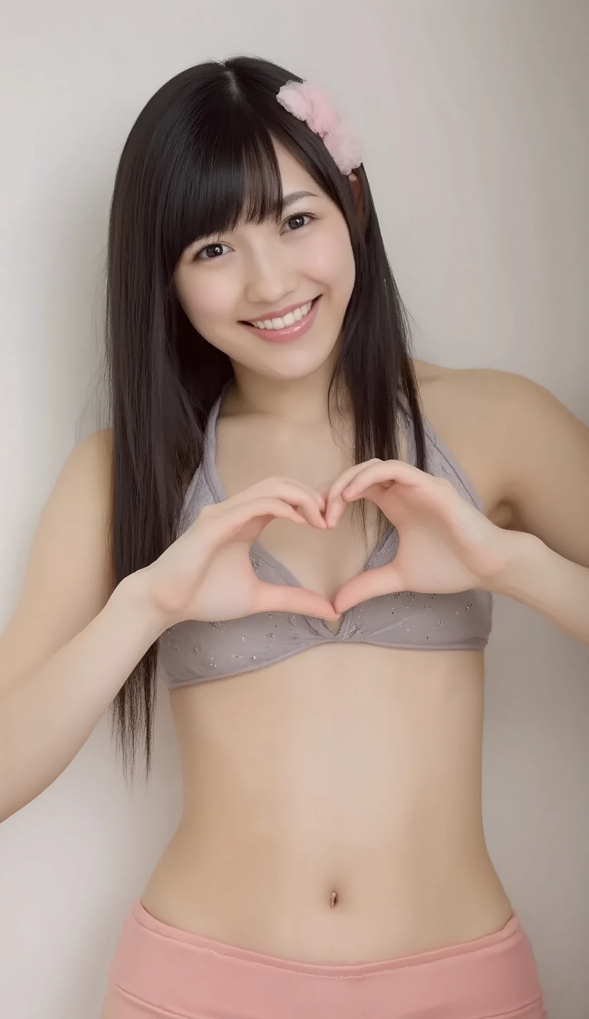 Only one woman with a cute smile is wearing a bikini swimsuit, making a big heart shape with both hands, and holding it in front of her chest, View above collarbone、The background is a monotone 、
