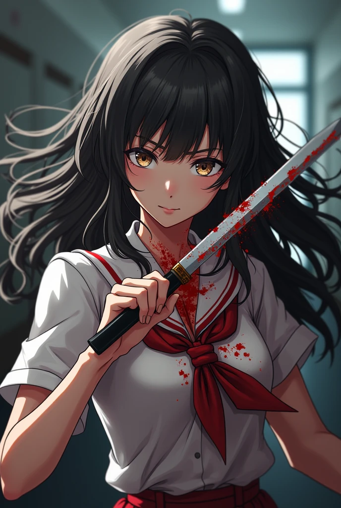 ((yandere, yandere simulator, crazy, blood, blood on the face, blood stains, blood stained clothes, blood on the floor, blood on the wall, reflection, scary)), (long hair, black and red hair, red eyes, wide eyes, bright eyes, blush, high school uniform, neckline, nsfw), dramatic lighting, reddish lighting, blurred background, looking at you, (evil smile), ((evil face)), (horror, dark), ((knife))