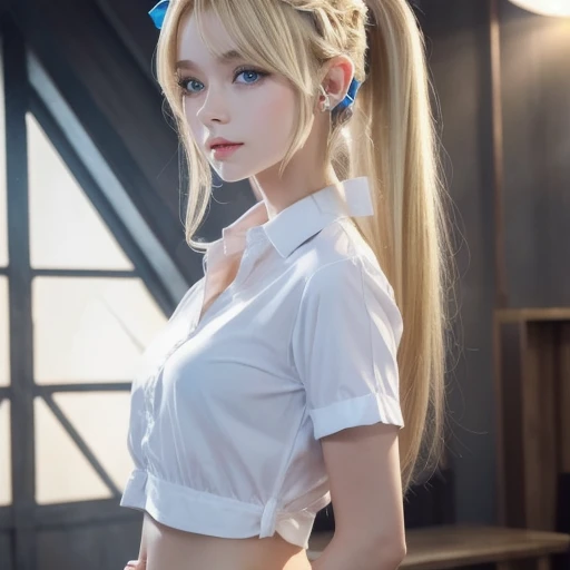 (Hair:Long, blond, and tied up in a high ponytail.
Eyes: Large and expressive with long eyelashes.
Eyebrows: Well-groomed and defined.
Nose: sharp and delicate.
Mouth: slim lips, smiling broadly.
Skin: Smooth and white.
Build: Has a skinny yet plump build.
Face: Youthful, long and oval.
Clothes: Jersey)
(((Realistic, high resolution, carefree, child)))