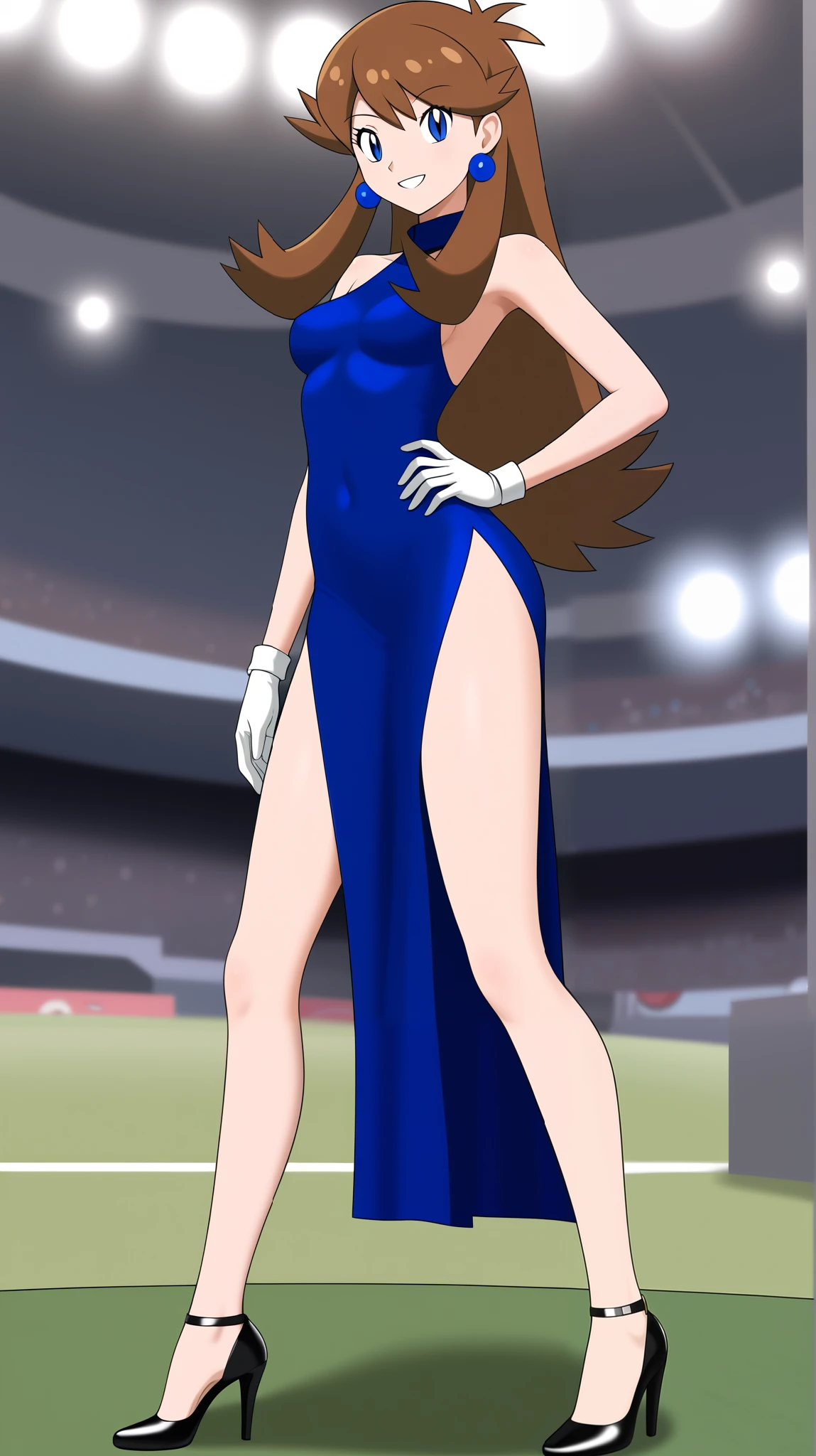(( best quality )), ((masterpiece)), (( Details)), Two legs, two arms, 1girl , orange brown hair color, long hair, blue eyes, Long Slit Dress , beautiful feet, thighs, Black High Heels , blue earrings, sexy smile, seductive smile, Audience , Place one hand on hip, standing, Tall, Anime Coloring Book, 1 Female, Age 18, Three idiot hairs , with bangs, whole body, slim figure, Ample breasts, City, (\ Pokémon\), score_9, score_8_Excellent, score_7_Excellent, score_6_Excellent, source_Anime, cell shading, flat collar , vector,