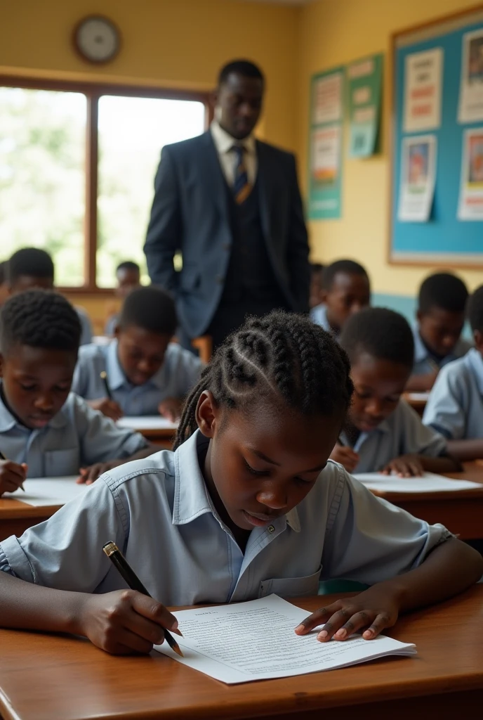 Developing cultural and intellectual skills, education according to the curricula prescribed for students , receiving information in the classroom, a close-up picture of two african students wearing a blue uniform sitting on a school desk, performing school assignments