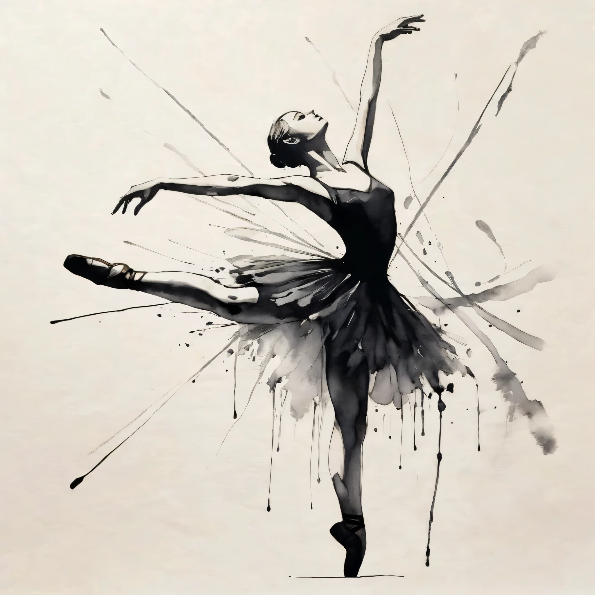 ink画:One stroke drawing of ballerina girl,Slender and straight figure,limb extension,Wrap gymnastics ribbon,fluttering streamers,Outline with black ink,smooth lines,inksoil出层层的裙子,multi-layer,(The ink on the skirt fell out with force,form an arc),Displays characters' Express expressions and postures through ink contrast,Simple background,Emphasis on light, shadow and space。ink,soil,sketch,grace,