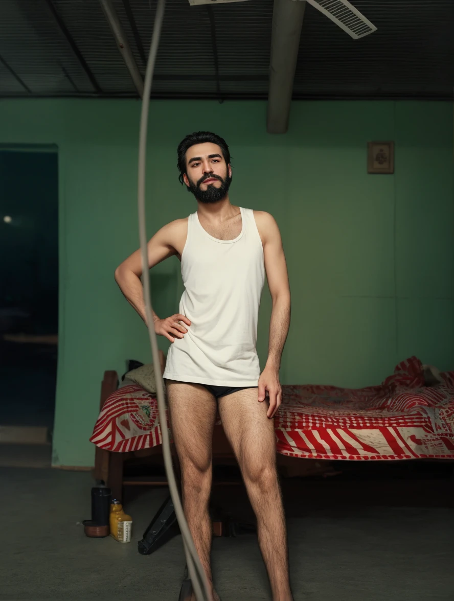 (photorealism:1.2), handsome Indian man, smelling his hairy armpits, hands placed behind his head, topless, standing on carpet,  no underwear, indoors, soft lighting, plants in background, window with sunlight, cozy room, relaxed pose, realistic, warm colors. Penis bulging out of underwear, smelly his hairy armpits. Tight and small underwear. Very tight underwear, v-shaped underwear. by Greg Rutkowski, by Alphonse Mucha