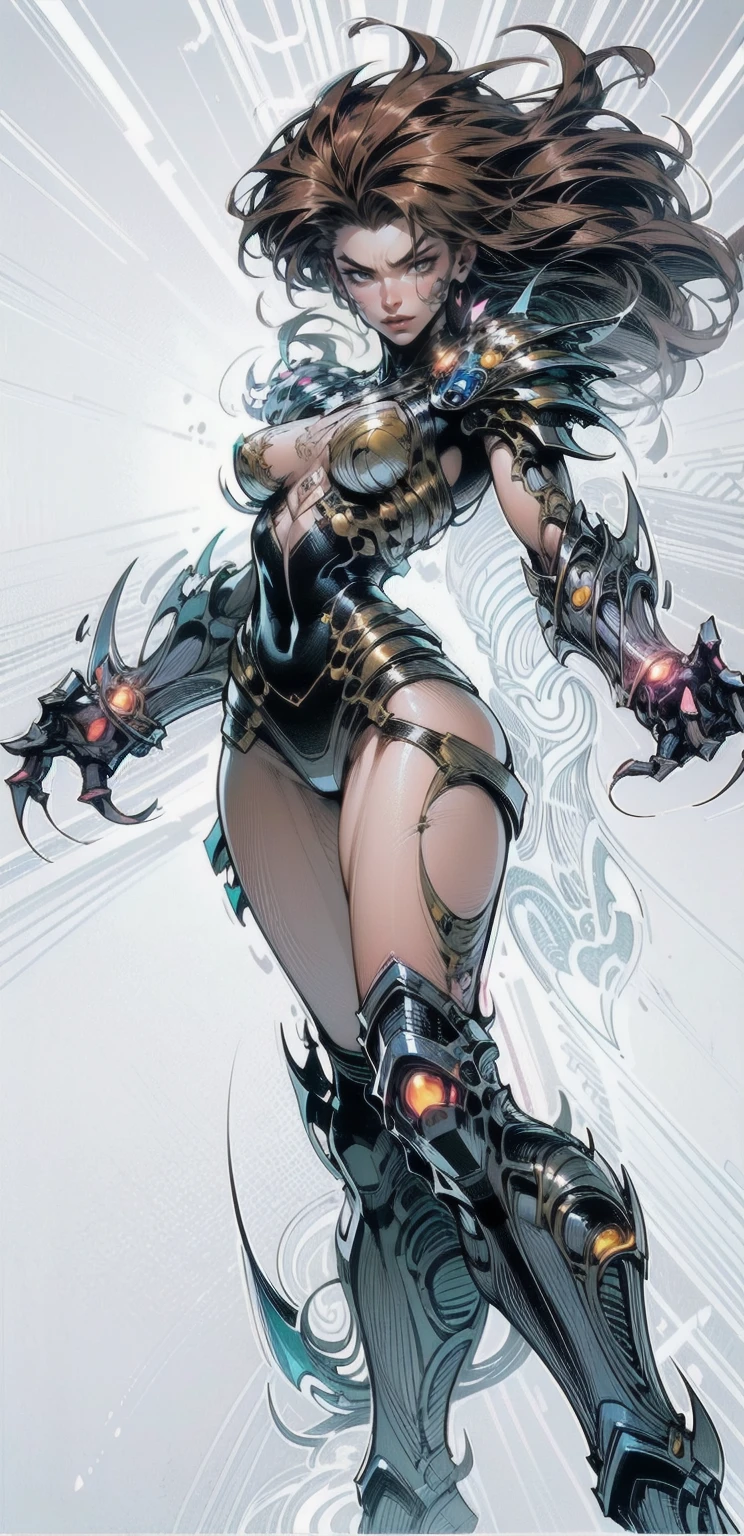Sorayama style, metallic arm, (((best quality))), ((( masterpiece ))), ((( absurdres ))), ((( whole body)))), muscular woman beautiful warrior Barbara wielding a large war axe, Conan the barbarian style, Simon Bisley style for a cover of Heavy Metal magazine, (( tiny thong made of gleaming metal )), (( large breasts semi covered by gleaming metal )), white hair with dreadlocks,generous neckline, necklace of bones and teeth, Earring of bones, scenery of icy mountains, ((( whole body ))), ((( brown ))), ((((whole body)))