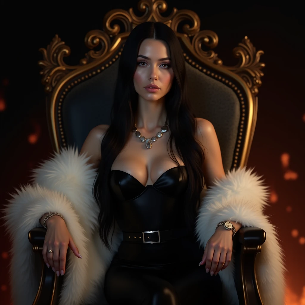 In the dark castle throne room on the huge royal throne in seductive pose siting beatiful demon queen, She have beautiful face with pink eyes rakr eye shadows and dark lipstick sexy make up, golden ring shape earrings on her ponty ears. she have long gorgeous bloody red hair.. dressed in majestic sexy black royal robe with golden metal parts, also she have tattoo all over her body her hands have lonf beautiful nails, (ultra high quality fantasy art, ghothic dark fantasy style, masterpiece, ultra high quality character design, 8k quality anime art, realistic anime art, top quality wallpaper illustration, detailed ultra high quality accurate face, high quality design and accurate physic)
