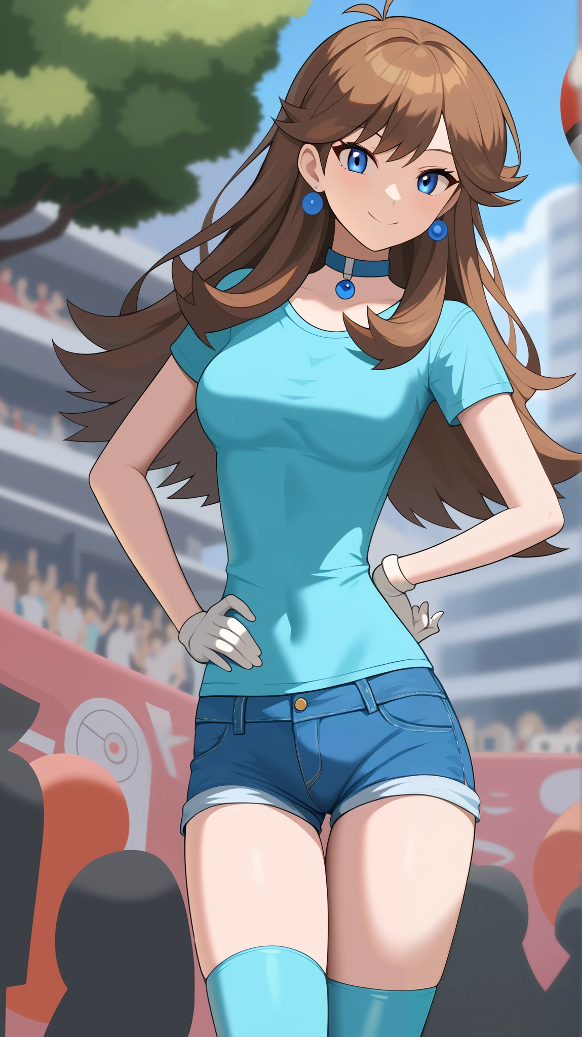 (( best quality )), ((masterpiece)), (( Details)), 1girl ,Two legs, two arms, orange brown hair color, long hair, blue eyes, green short sleeve shirt , blue denim shorts, white knee-high stockings reflective on glass floors, absolute domain, thighs, orange laces , blue earrings, sexy smile, seductive smile, Audience , Place one hand on hip, standing, Tall, Anime Coloring Book, 1 Female, Age 18, Three idiot hairs , with bangs, whole body, slim figure, Ample breasts, City, (\ Pokémon\), score_9, score_8_Excellent, score_7_Excellent, score_6_Excellent, source_Anime, cell shading, flat collar , vector,