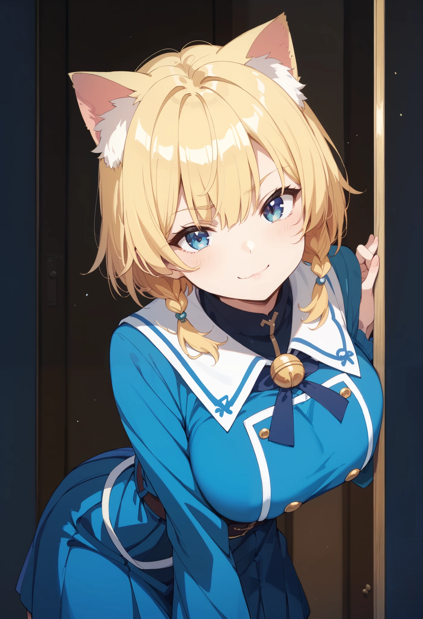 Cat ears、 Bob Cut Blonde Hair、 huge breasts 、 smirking face、 braids on both sides、Cat earsフサフサ白毛、