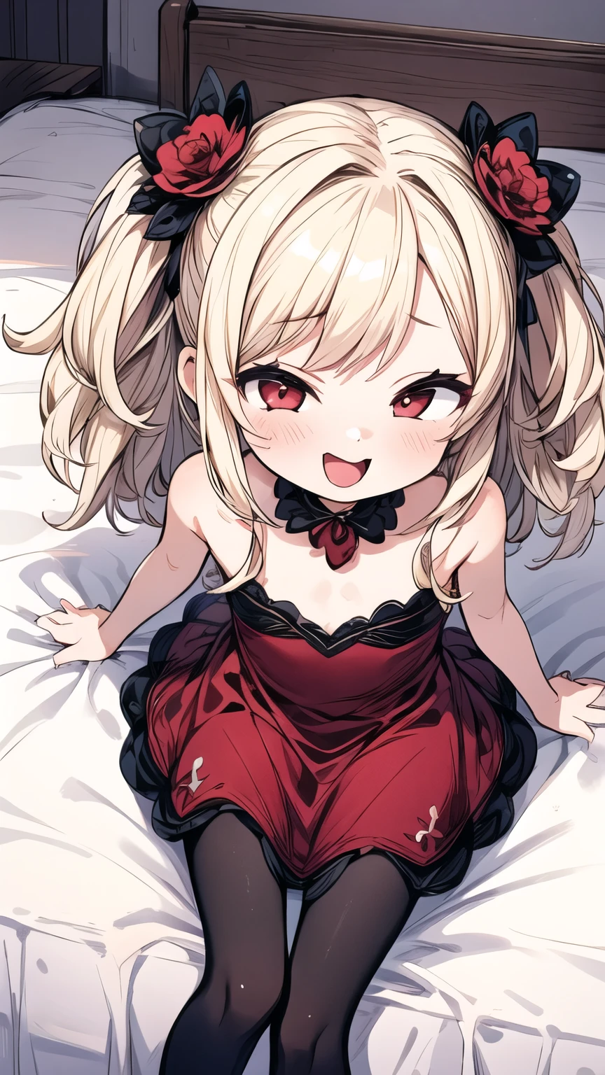 (Masterpiece,  best quality ),  1 girl、 s、 flat chest、 Blonde,  red dress,  pantyhose,  cute face, ,  on the bed、 from above、excited、Estrus、laugh at、 female 、Transparent