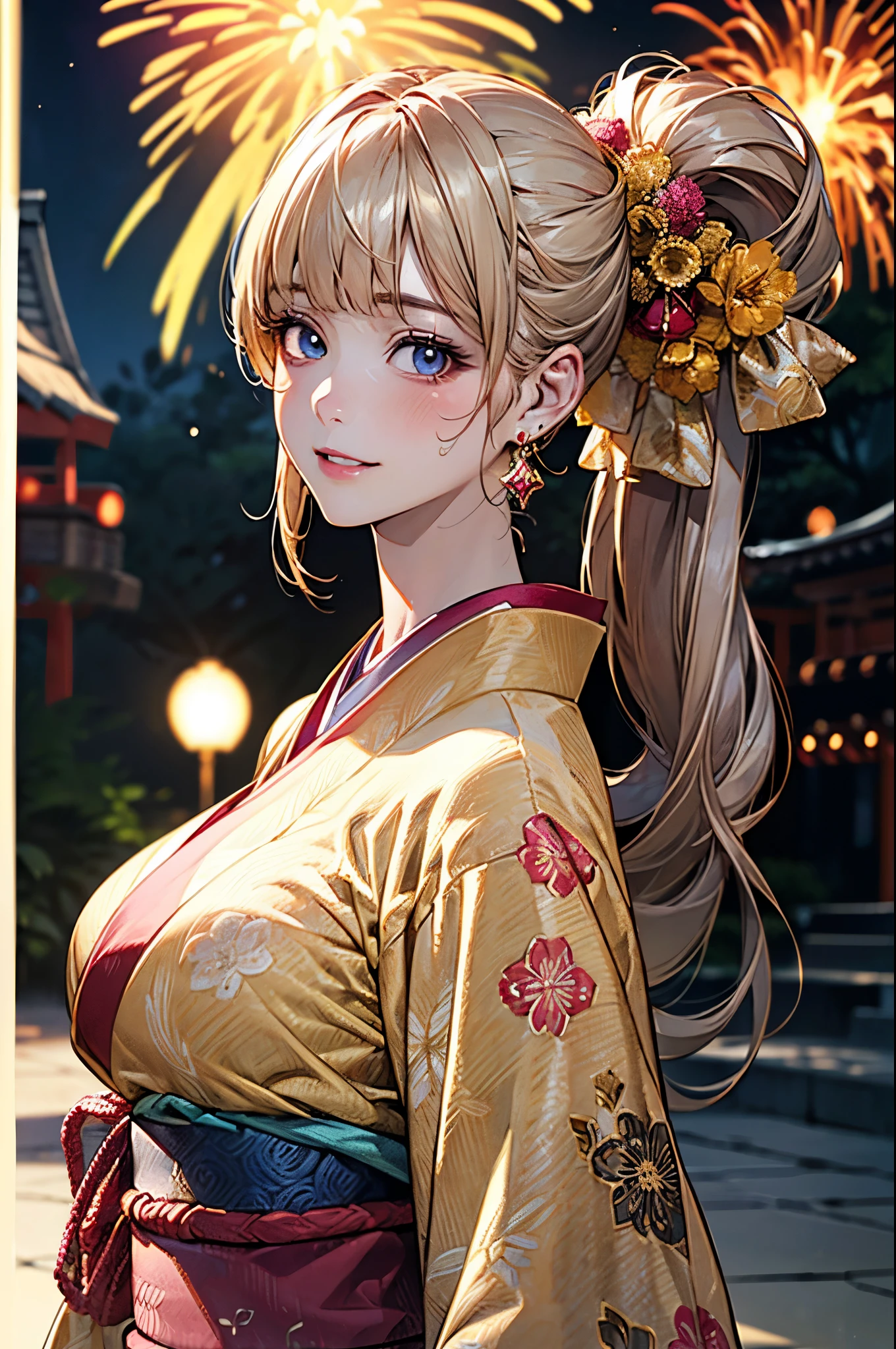 (Top Quality, High Resolution, Masterpiece, 4K), (soft light, shiny hair, beautiful eyes), young woman, full body view, lovely smile, ((long wavy hair, bangs, light colored hair)), ((greedy eyes, brown eyes, perfect eyes)), ((detailed face, blush:1.1)), (( Smooth texture:0.75, Realistic texture:0.65, Realistic:1.1, Animated CG style)), Large breasts, cleavage, seductive body, (random color Japanese yukata, perfect detail yukata), Pretty necklace, cute earrings, (coming down big stairs in night park),light on face, hand in own hair, showing chest with smiling , from below++, gesture of hair tied back with both hands, dynamic pose,Look up at the fireworks