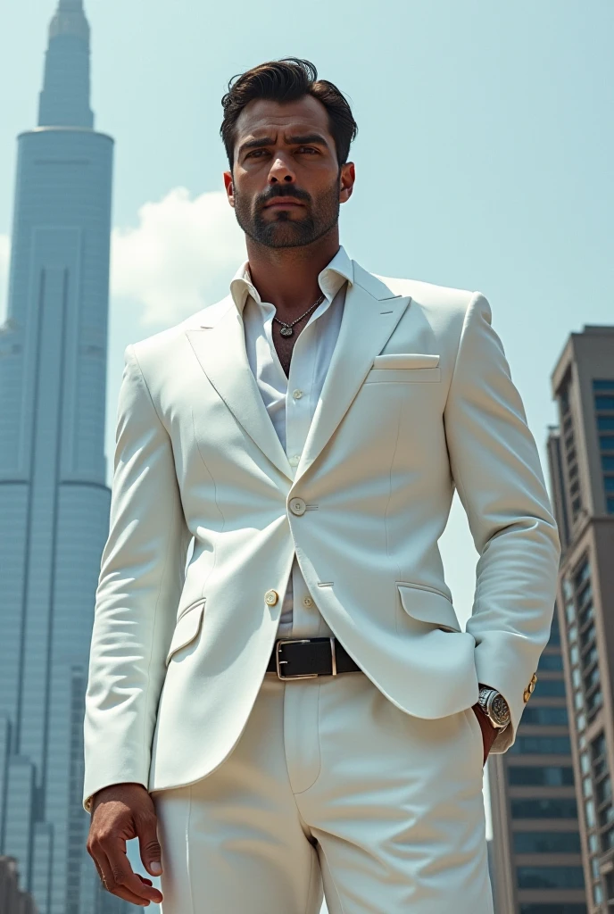 ((best quality)), ((masterpiece)), (detailed), masculine, young man, light beard, Swedish, blonde hair, short hair, blue eyes, fit body, elegant black suit, white shirt, black suit jacket, photo realistic, in Dubai Marina
