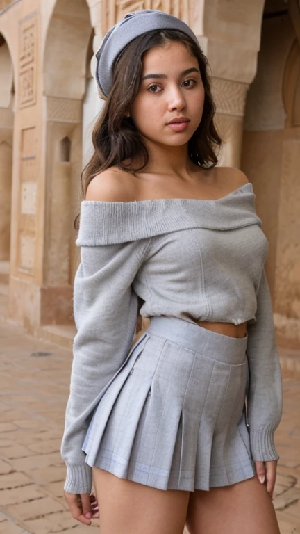 ((best quality)), ((masterpiece)), (detailed), 1girl, off-shoulder sweater, 16 years old indian girl in school skirt showing full body and  