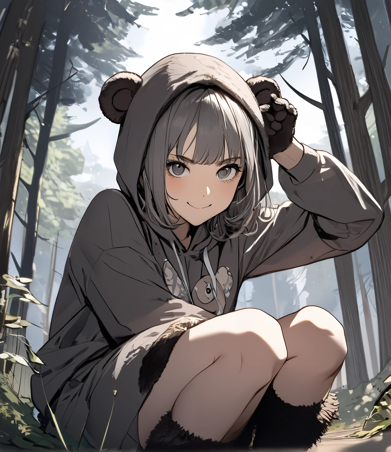 ((( Masterpiece)))、(( drawing 1girl ))、(((8k)))、(sketch),(shadow)、( forest background ),( (cute bear with big plush look on the back)),(((pow pose))).
(signature pose)、dynamic pose,Age 18、((drooping eyes)),(Wisteria:0.5),dark gray eyes, ((short shaggy hair style)',(hair covering one eye),from below,
,smile,sitting, looks away、View the depth of the writing
, 熊の着ぐるみ、bear hand gloves 、 bear costume 、bear foot boots 、Bears Ears,
(Top Quality )、((high detail eyes)) ,((high detailed face)) 、 detail texture 、View the depth of the writing, (raise eyebrows) , fuzzy expression ,