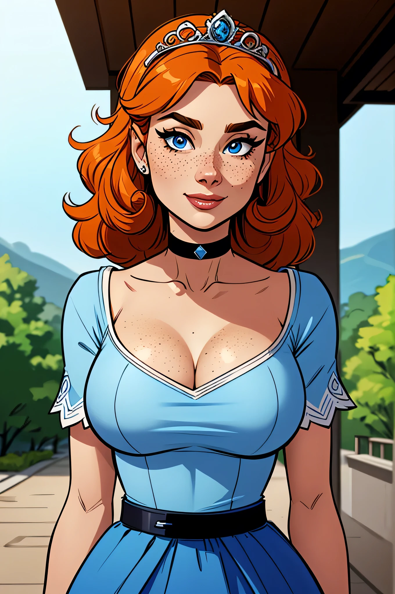 1girl, (Skyler Samuels:1.2), realistic, photorealistic, graphic novel, impossible clothes, freckled face. thick lips, full lips, big lips, (surprised:1.2), (shocked:1.2), [red hair, two-tone hair, shiny hair, sunbeam, god-rays, bursting breasts, ambient light, rim-light, rimlighting, backlighting, realistic, (photorealistic:1.1), (lineart:0.8) irndl, a woman in traditional bavarian dress Standing poses for a picture , german woman, wearing a dirndl, massive cleavage. frekcled cleavage,
