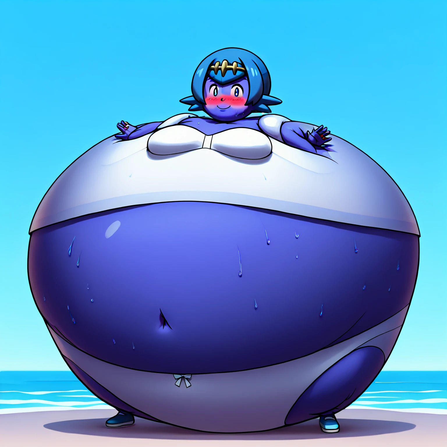 best quality, masterpiece, solo, (digimon \(creature\0.2), 1boy, ((Full body)) monster (boy), fins,Sea Creature, water spirit, (light Blue skin), (Blue Bob cut hair ), ((Skintight Blue Crop top:1.8)) ((Blue Shorts)), (wide hips:1.5), (thick ,Fat thighs:1.4), ((large Butt)), sahuagin\(monster girl encyclopedia\)